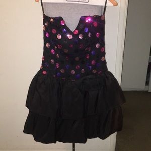 Black taffeta dress with pink & purple sequins